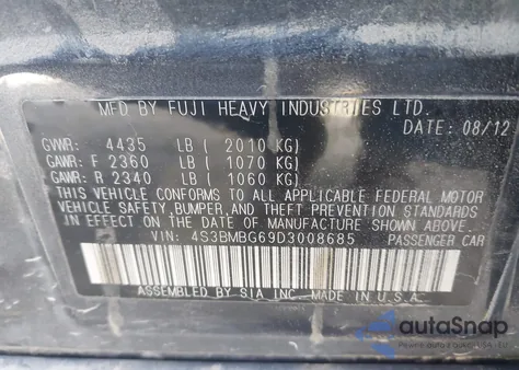 2013 Subaru Legacy 2.5I Premium from USA, damaged, VIN 4S3BMBG69D3008685